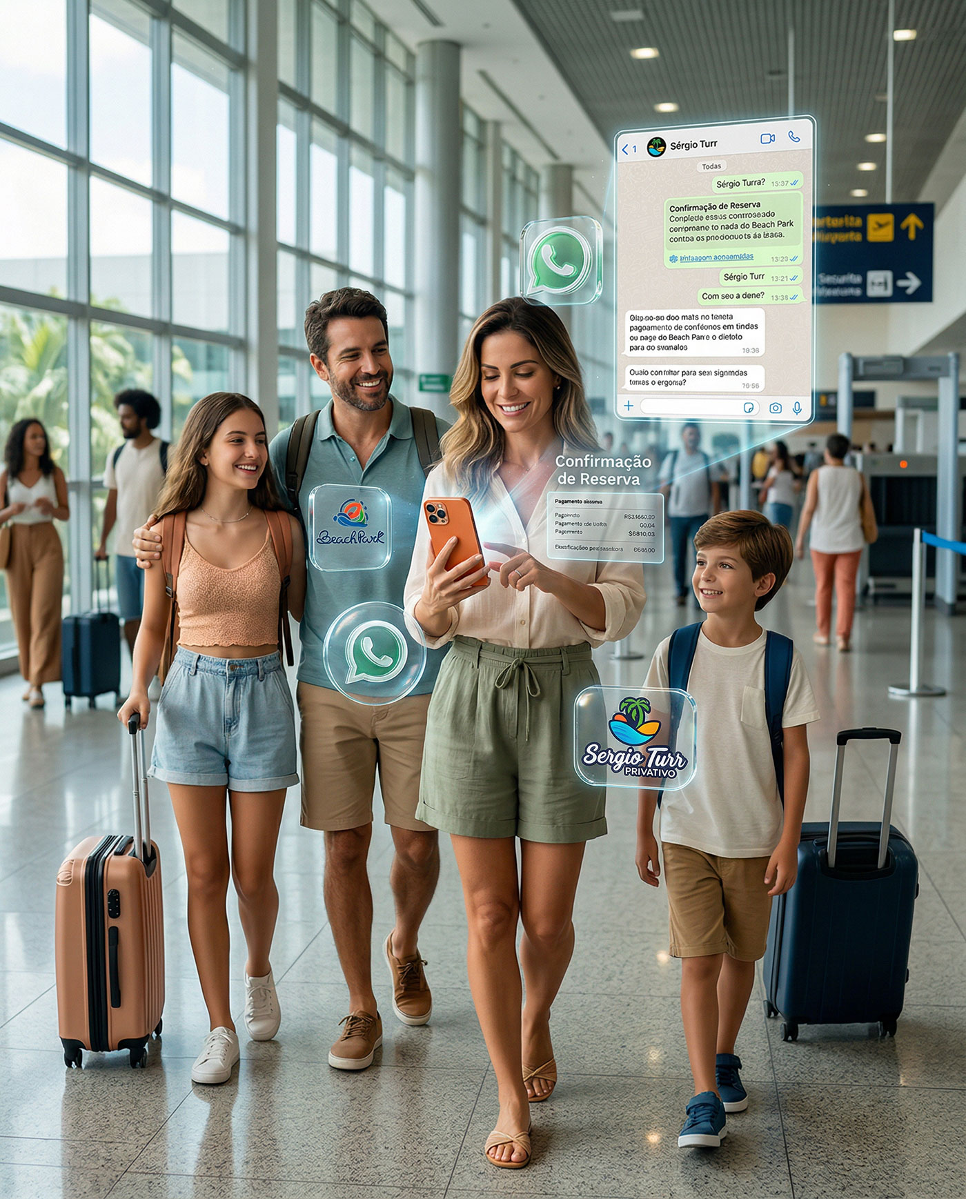 Família aproveitando um parque aquático em passeio de férias